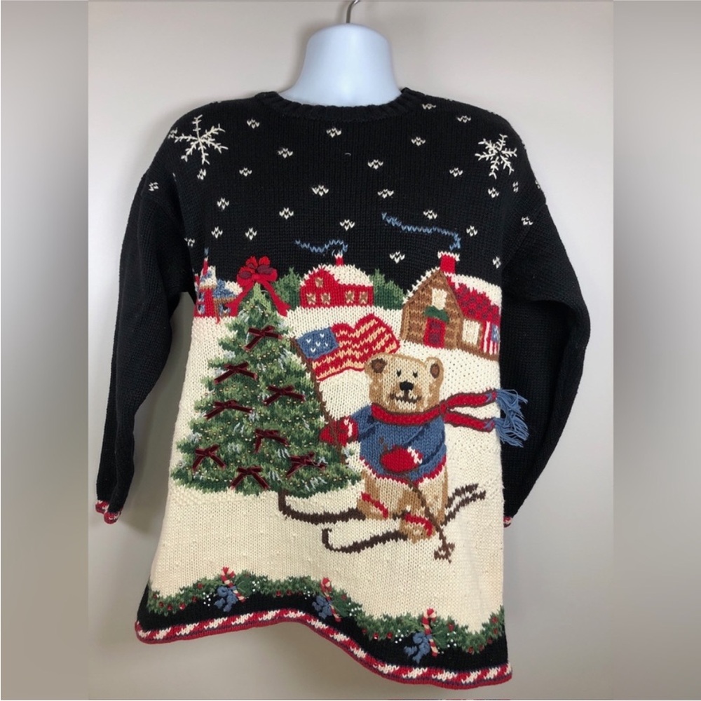 Festive Black Sweater with Bear and Holiday Scene